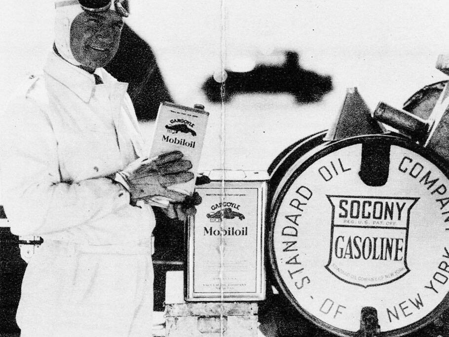 Ralph De Palma, winner of the Indianapolis 500, is the first of many Indy winners to use Mobil products. His average speed: 89.84 mph.